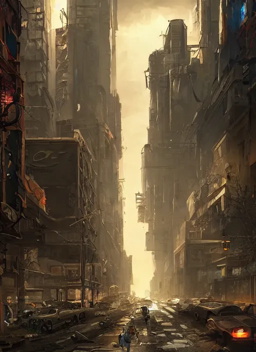 Image similar to post apocalyptic street in futuristic Manhatten, dramatic lighting, cinematic, establishing shot, extremely high detail, photo realistic, cinematic lighting, post processed, concept art, artstation, matte painting, style by eddie mendoza, raphael lacoste, alex ross