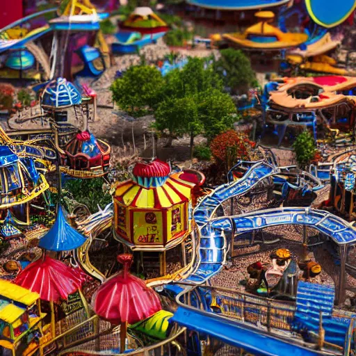 Image similar to a macro photo of a very detailed miniature model of an amusement park, close - up, intricately detailed buildings, cars and people, intricately detailed markings, intricate textures, warm lighting, vivid colors, realistic octane render, hyper realistic render, volumetric shading, depth of field, raytracing, 8 k,