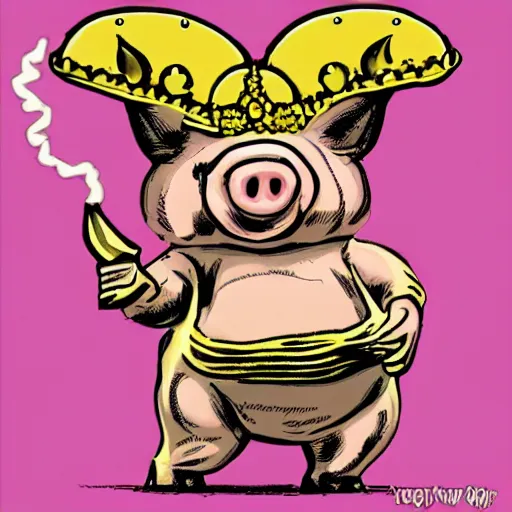 Prompt: pig in a gold crown in the style of garbage pail kids