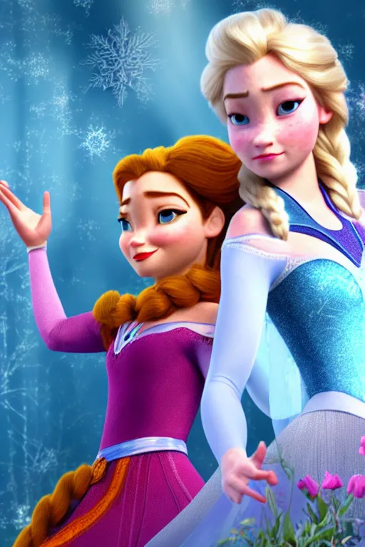 Prompt: Tessa Thompson and Evan Rachel Wood as Anna and Elsa, 3d render, Pixar
