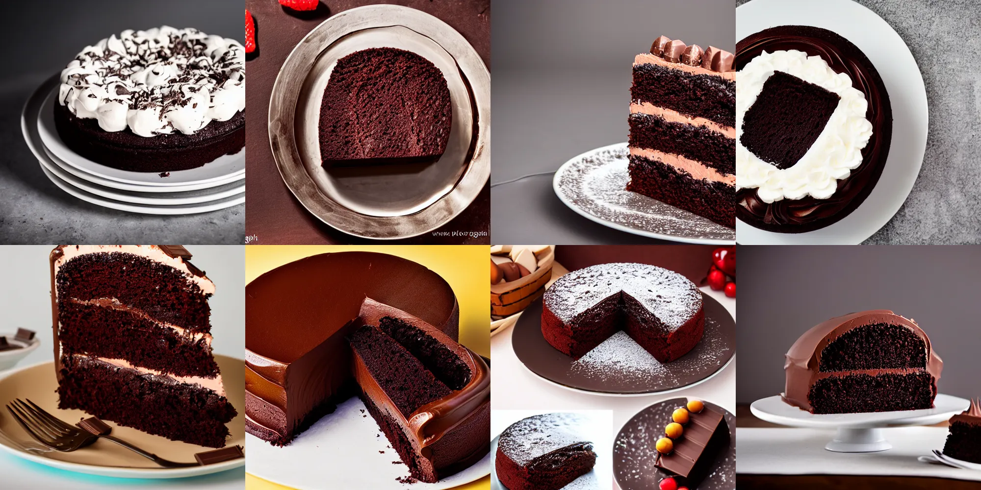 Prompt: most delicious chocolate cake ( professional photography ), studio lighting, very high resolution, delicious