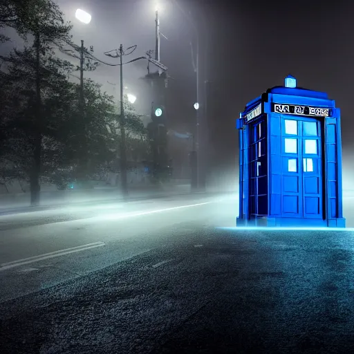 Prompt: A hyperdetailed photograph of the TARDIS sat on a futuristic street corner, night, dense fog, rain, HD, 8K resolution