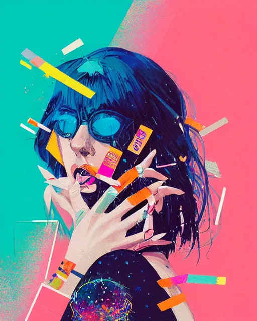 Image similar to an ultradetailed beautiful painting of a stylish woman with colorful band aids, rave concert poster, retro, conrad roset, greg rutkowski, flume cover art, 8 0 s