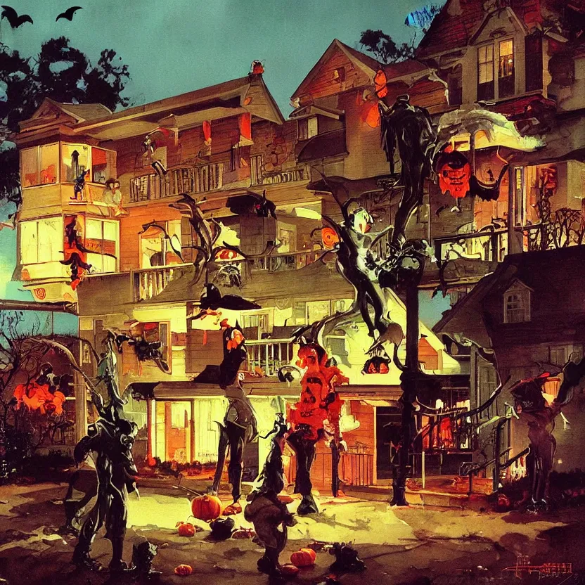 Prompt: a framed painting of a halloween scene in a suburban neighborhood.. highly detailed science fiction painting by norman rockwell, frank frazetta, and syd mead. rich colors, high contrast, gloomy atmosphere, dark background. trending on artstation