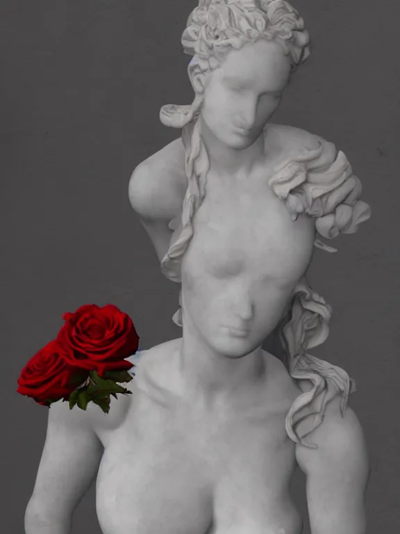 Image similar to portrait art venus of milo sculpture made of white marble, concept art, red roses exploding from her heart, volumetric lighting, hyperrealistic, focused, extreme details, masterpiece, fine details