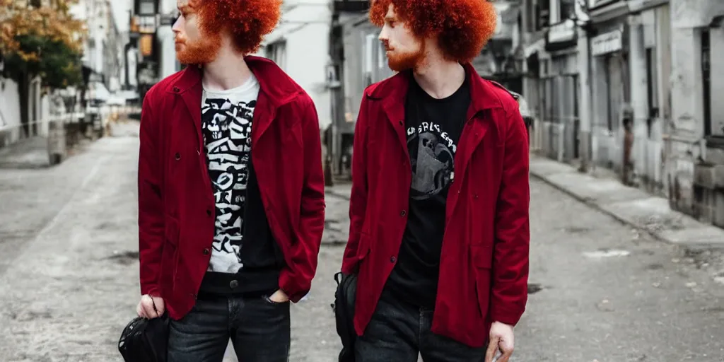 Image similar to man, man, man, man, red hair, black jacket, curly hair, fullbody, Caucasian, short hair,