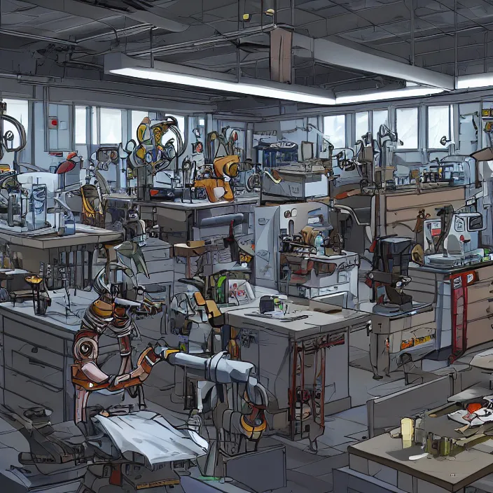 Image similar to highly detailed well organized and clean weapons laboratory, with research, robot arms, tables, parts, windows, with anthropomorphic furry researchers, Extremely detailed digital art, sci fi, furaffinity, DeviantArt