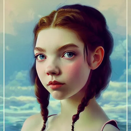 Image similar to a beautiful scenic painting of a beautiful young girl that looks like anya taylor - joy by artgerm and wlop and wes anderson and spike jonze