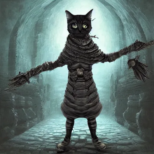 Prompt: cat as a dark souls boss in surrealism art style