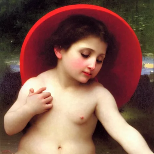 Image similar to Angel crying on top of a red cube made out of water, tears falling from eyes, oil painting by William-Adolphe Bouguereau