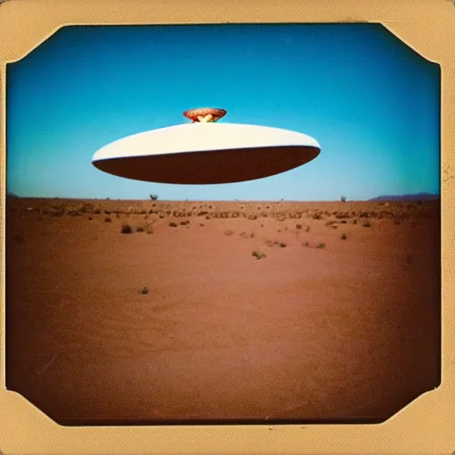 Image similar to a polaroid photograph of a flying saucer in the desert