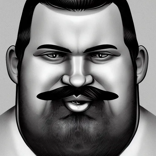 Image similar to face portrait a big beefy man with a large face, thick dark hair, a bushy black moustache, no beard, with hardly any neck and mean little eyes, highly detailed, digital art, sharp focus, trending on art station, drawing