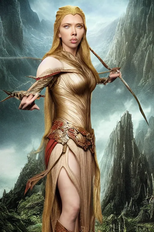 Prompt: Scarlet Johansson as an Elven royalty from The lords of the rings, fantasy matte painting, highly detailed