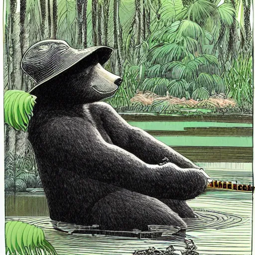 Image similar to a bear wearing a black hat, sitting in a pond in a lush jungle playing a guitar, drawing by moebius