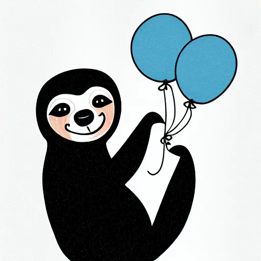 Image similar to book illustration of a sloth holding balloons, book illustration, monochromatic, white background