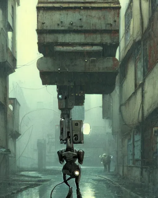 Prompt: robbie the robot walking through a wet alley, retrofuturism sci - fi old movie, highly detailed, photorealistic, 8 k, by beksinski and stalenhag