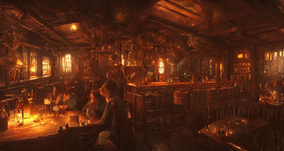 Image similar to alchemy tavern, hyperdetailed, artstation, cgsociety, golden hour 8 k, volumetric lighting