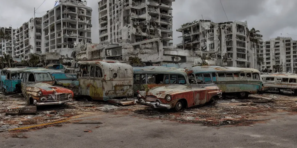 Image similar to wide angle shot of dilapidated fallout 5 miami, tropical coastal city, desolate, dilapidated, some rusted retro futuristic vintage parked vehicles like cars, buses, trucks, trams, slight overcast weather, fog, volumetric lighting, photorealistic, daytime, autumn, sharp focus, ultra detailed,