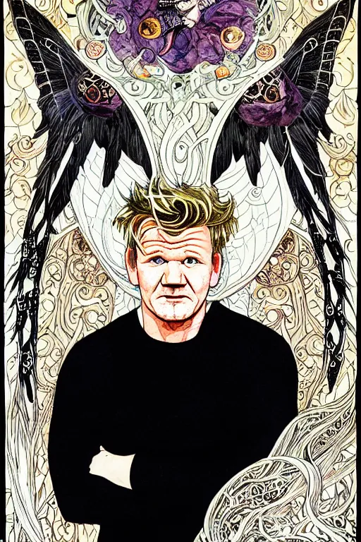 Prompt: realistic portrait of gordon ramsay in the center of an ornate black floral and black wings frame, detailed art by kay nielsen and walter crane, illustration style, watercolor