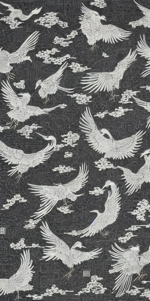 Prompt: black paper, an intricate old fashioned depiction of chinese crane, chinese auspicious cloud pattern surrounds it, symmetre, elaborate ink illustration by wu daozi, qiu ying