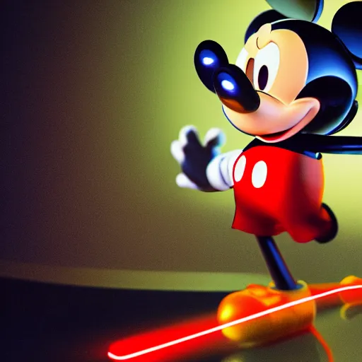 Image similar to render of mechanics operating mickey mouse in facility laboratory, with glowing red netflix logo, low light with only 1 mint and 1 red light, made by beeple, octane render, unreal engine, cinema 4 d, artstation, 4 k highly detailed art