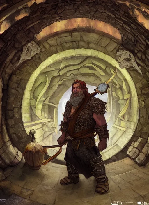 Image similar to Hulgen the dwarf. A humble dwarven stone mason completes the great gate of moria. Fantasy concept art. Moody Epic painting by James Gurney, and Alphonso Mucha. ArtstationHQ. painting with Vivid color. (Dragon age, witcher 3, lotr)