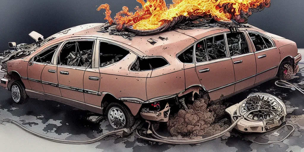 Prompt: a big woman axolotl in burning wrecked mercedes 1 2 4, by kirokaze, ultrafine hyperdetailed illustration by kim jung gi