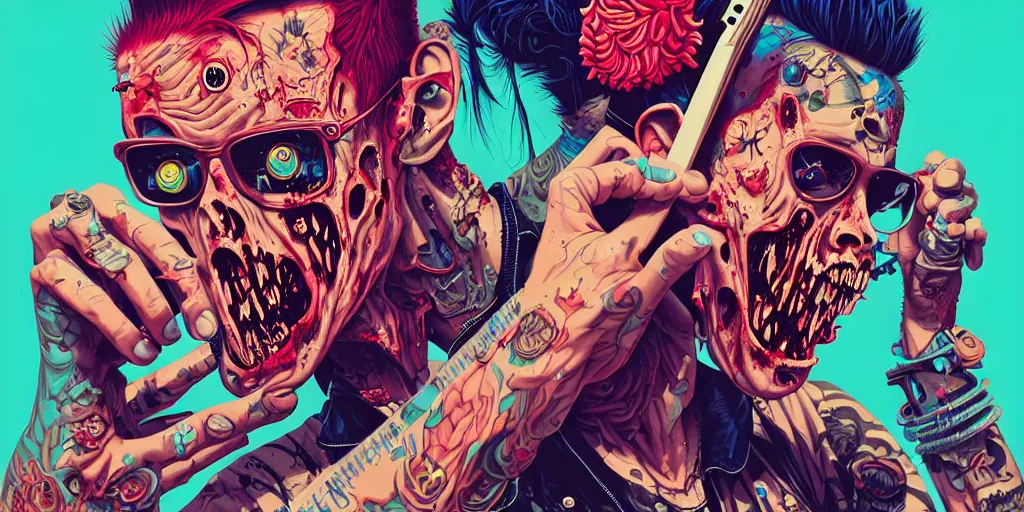 Prompt: a zombie punk rockers with a mohawk playing electric guitar and singing, tristan eaton, victo ngai, artgerm, rhads, ross draws, cinematic by francis tneh