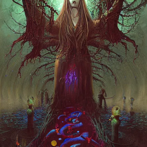 Image similar to Vampire traveling through a beautiful psychedelic world, horror, illustrated by Andrew Ferez, trending on artstation