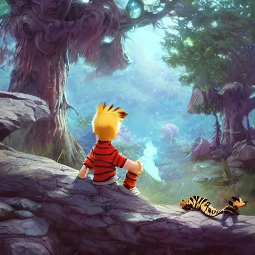 Prompt: Calvin and Hobbes in a fantasy realm, made by Stanley Artgerm Lau, WLOP, Rossdraws, ArtStation, CGSociety, concept art, cgsociety, realistic, foto realism, octane render, trending on artstation, artstationHD, artstationHQ, unreal engine, 4k, 8k,