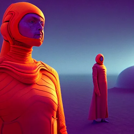 Prompt: colour aesthetic highly detailed photography of characters in action scene, characters with hyperrealistic highly detailed faces. from dune ( 2 0 2 1 ) by alejandro hodorovski and denis villeneuve and gregory crewdson style with many details by mike winkelmann and vincent di fate in sci - fi style. volumetric natural light hyperrealism photo on red dsmc 3 system