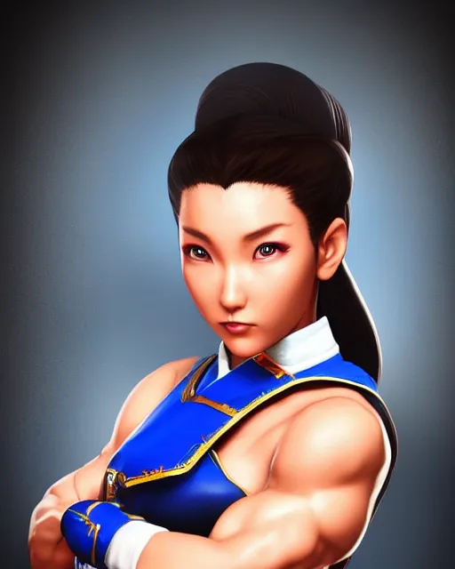 Prompt: Beautiful portrait of Chun-Li from Street Fighter 2. Trending on artstation. Digital render by Yury Kantsevich.