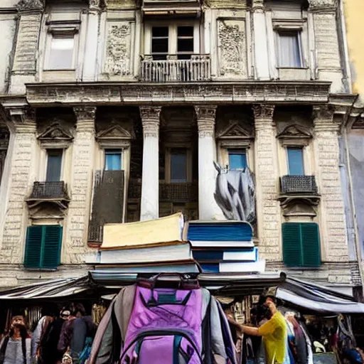 Prompt: backpack full of books gigant in the city of genoa. enormous backpack. cinematic. realistic.