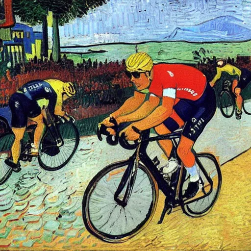 Image similar to jonas vingegaard on his bike in tour de france art by van gogh.