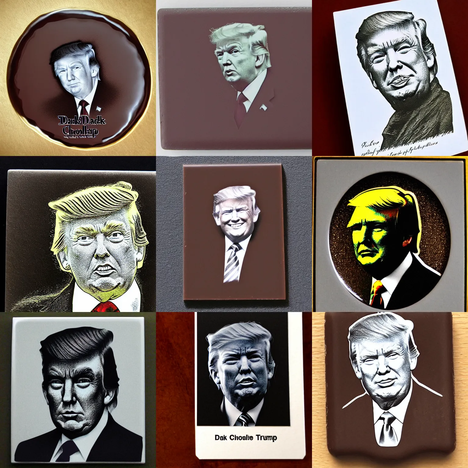 Prompt: dark chocolate etching of trump