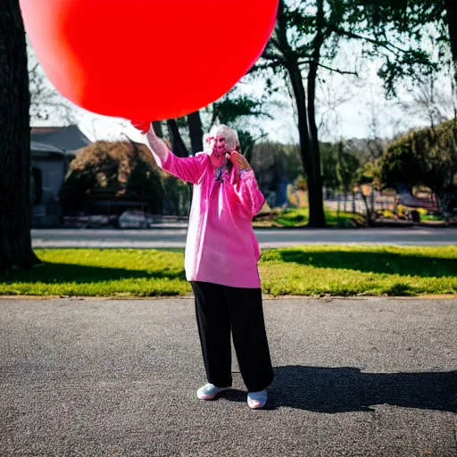 Prompt: elderly woman screaming at a balloon, canon eos r 3, f / 1. 4, iso 2 0 0, 1 / 1 6 0 s, 8 k, raw, unedited, symmetrical balance, wide angle