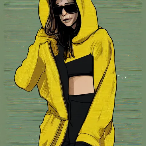 Image similar to girl in yellow hoodie, portrait, illustration, cyberpunk