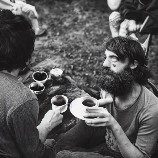 Image similar to small creatures having tea party in a humans beard.