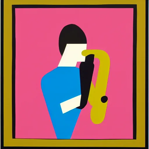 Prompt: portrait of a person playing trumpet, abstract painting in the style of Sophie Taeuber-Arp and Gary Hume and Tatsuro Kiuchi, flat colour-block style, geometric abstraction, dark colours