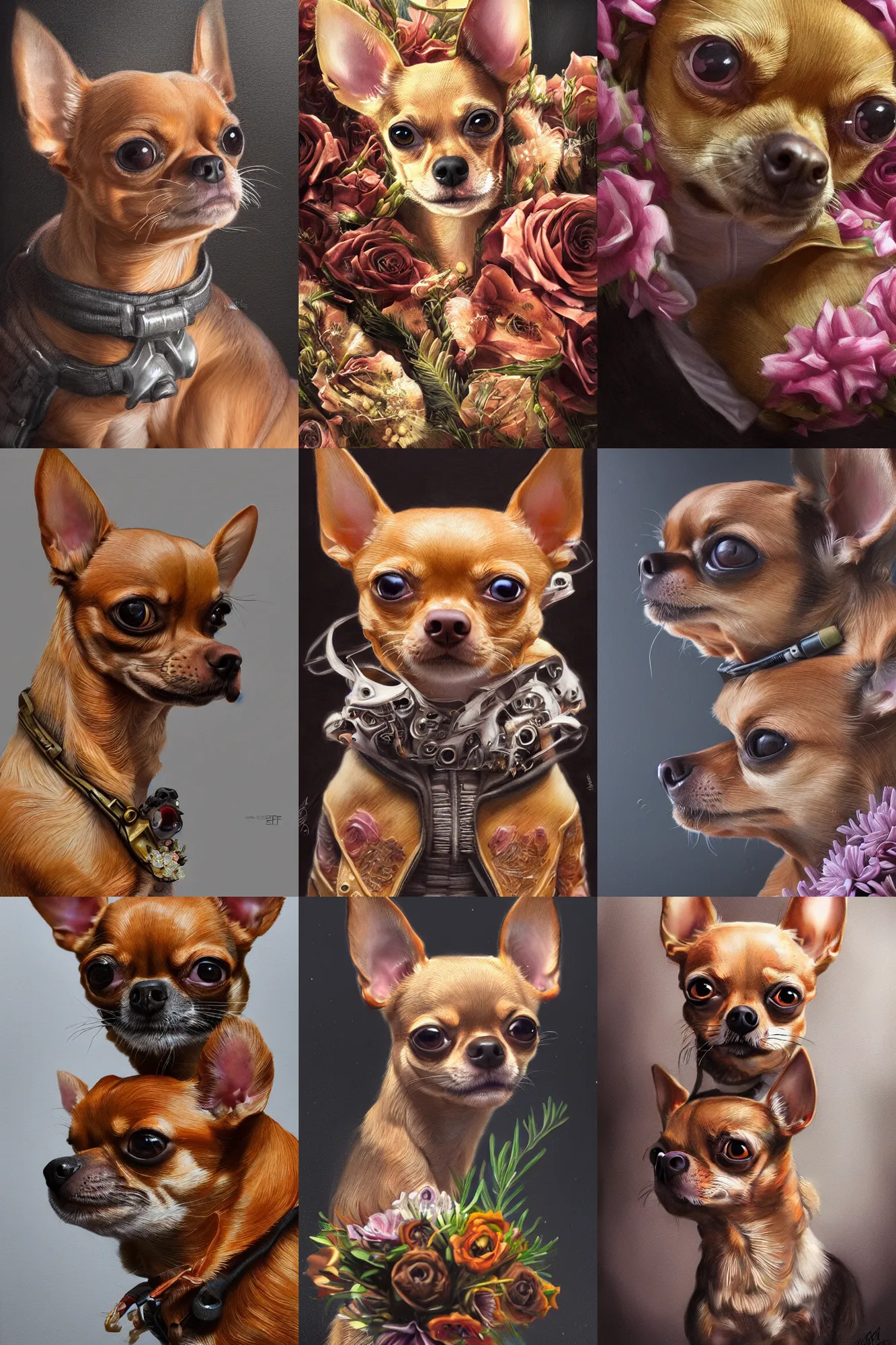 Prompt: ultra realistic illustration, portrait of a tan chihuahua bouquet, close up shot, cyberpunk, sci-fi, fantasy, intricate, elegant, highly detailed, digital painting, artstation, concept art, smooth, sharp focus, illustration, surrealism