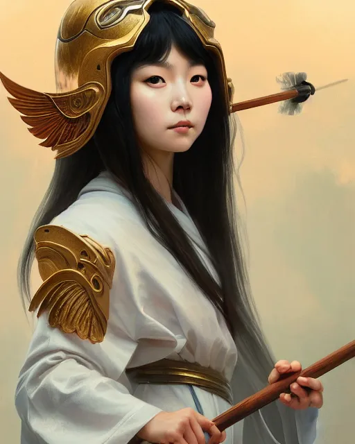 Image similar to Close-up portrait of korean girl wearing a winged helmet and a robe, holding a magic staff, portrait, highly detailed, digital painting, artstation, concept art, sharp focus, illustration, art by artgerm and greg rutkowski and alphonse mucha