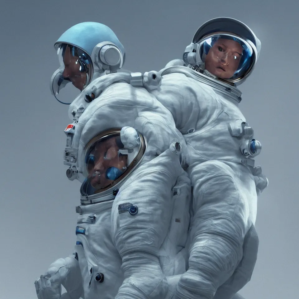 Prompt: portrait of a astronaut wearing head phones by ben templesmith, dynamic lighting, gradient light blue, blonde cream and white color scheme, epic composition, hd, octane, unreal engine, volumetric lighting, light rays, masterpiece, award - winning