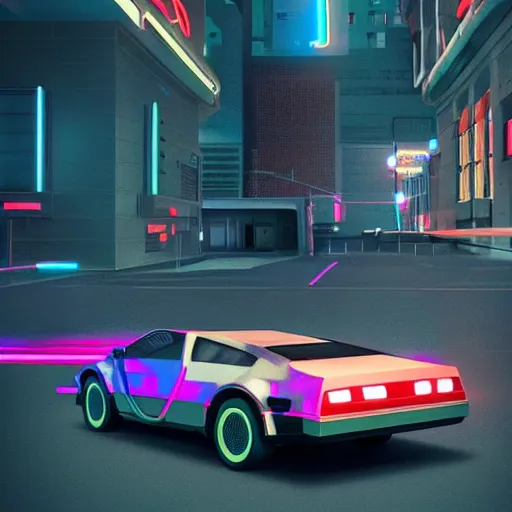 Prompt: point perspective illustration, neon city photorealistic render unreal engine 5, delorean hovers in the foreground