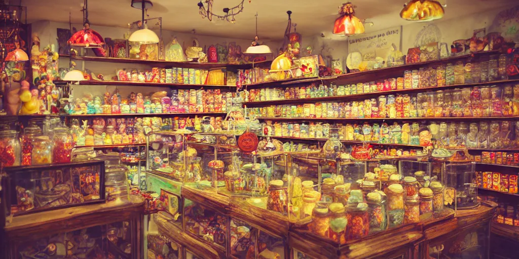 Image similar to Inside an old fashioned sweet shop, large jars on shelves, beautiful labels, fantasy vendor interior, wide angle, cinematic, highly detailed, photorealistic, rich bright colors, trending on artstation, trending on cgsociety