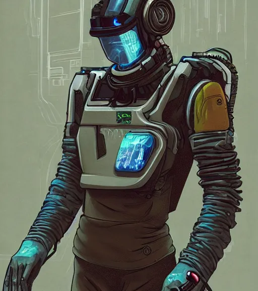 Image similar to realistic cyberpunk engineer with long limbs on a spacewalk, techwear, dead space, visible face, Industrial Scifi, detailed illustration, character portrait, by Martin Grip and Moebius