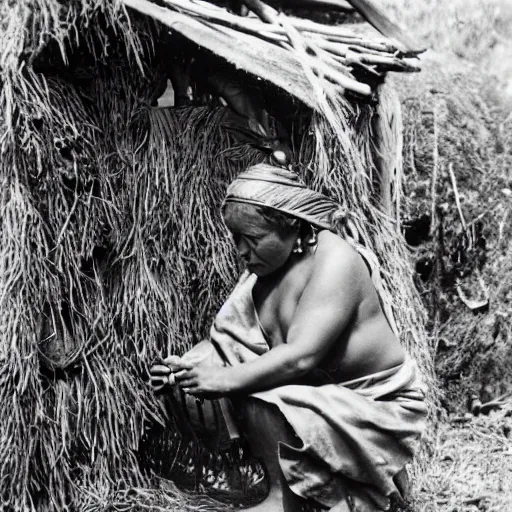 Image similar to a maori woman prepares weta carapaces outside her whare in the 1 9 4 0's.