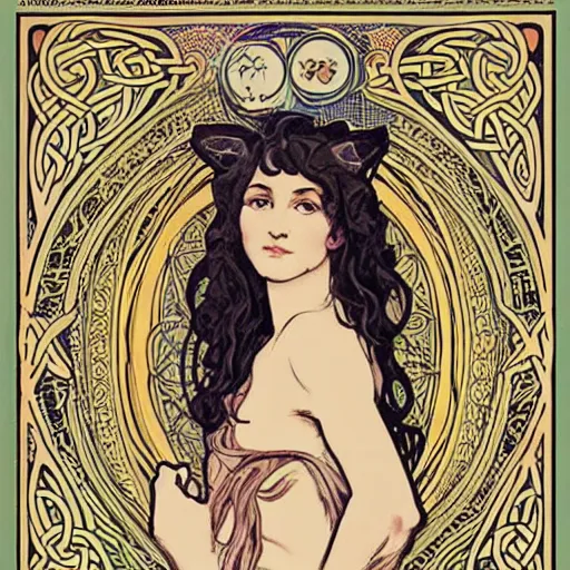 Image similar to lady with long curly hair with a cat beside her, celtic spread tarot cards on a table in front of her, elegant face, in a gypsy tent with Alphonse Mucha art nouveau poster style, with thin lines and pastel colors,