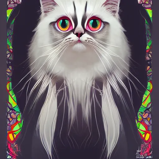 Image similar to symmetry!! portrait of beautiful ragdoll cat, long cat hairs, big cat eyes, colorful lighting, hyperrealistic, trending on pixiv fanbox, style of marvel cinematic universe,