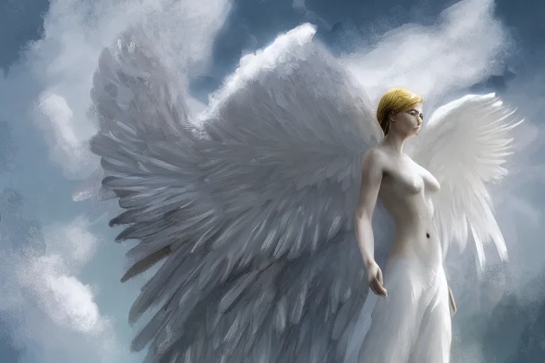 Prompt: a white angel with feathered wings open, digital art in the style of Craig Mullins , 4k