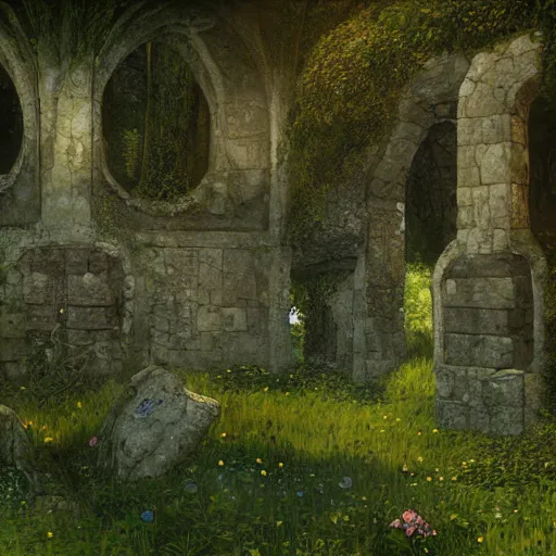 Image similar to ancient overgrown ruins, medieval gates, runestones, mysetrious etherial mesmerizing runic!! cat eyes!!!!, magical elven geometry, concept art by gustav klimt!, deviantart contest winner, environmental art, high detail